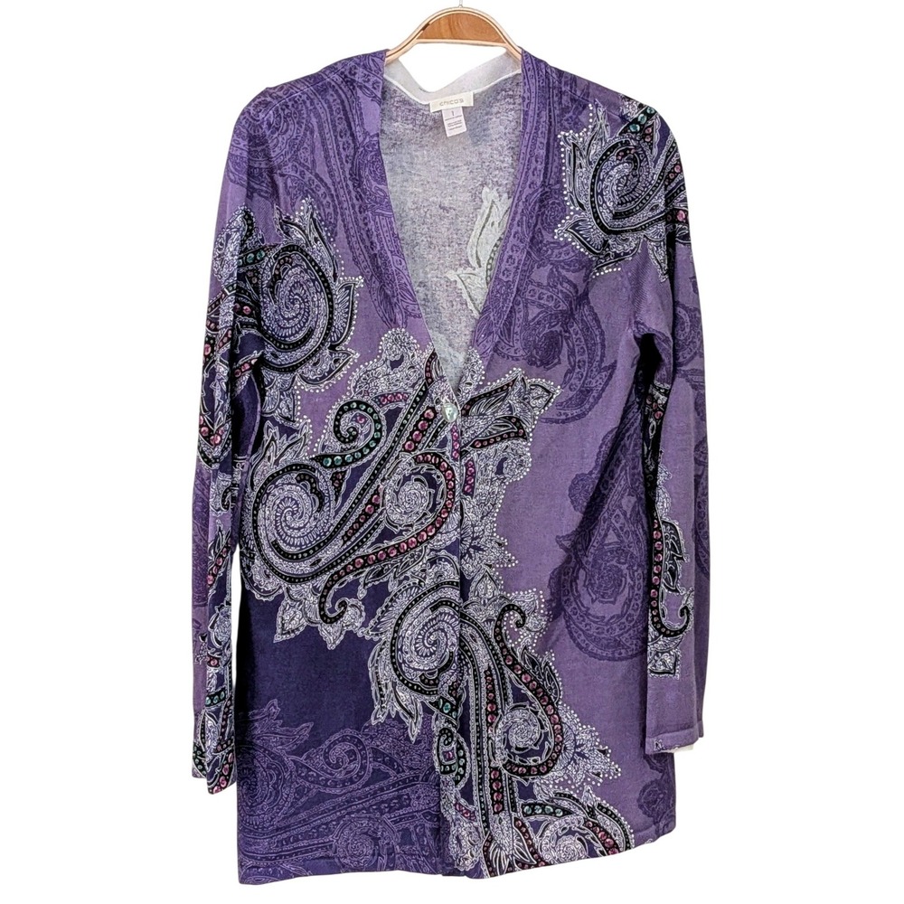 Chicos Purple Paisley Print Rhinestone Button Cardigan‎ Sweater Size 1 Medium